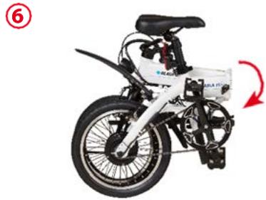 Side view of a white and black bicycle with visible suspension components and a red rotation arrow (no text or symbols)