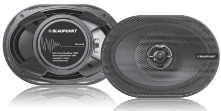 Exterior view of two black Blaupunkt speakers with speaker grille and sound wave indicators (no text or symbols on the speakers themselves)