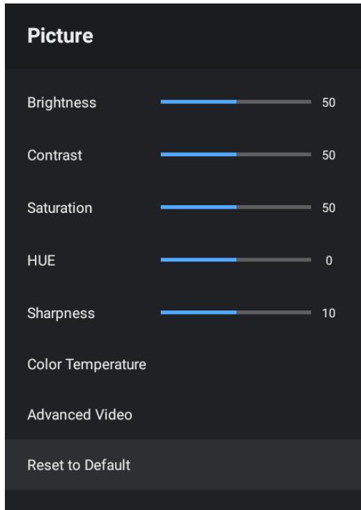 | Feature | Value | | ----------------- | ----- | | Brightness | 50 | | Contrast | 50 | | Saturation | 50 | | HUE | 0 | | Sharpness | 10 | | Color Temperature | | | Advanced Video | | | Reset to Default | |