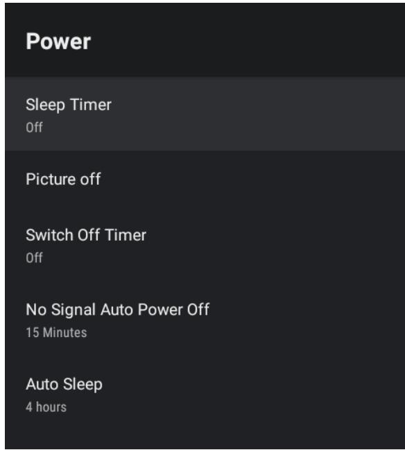 Power Sleep Timer Off Picture off Switch Off Timer Off No Signal Auto Power Off 15 Minutes Auto Sleep 4 hours