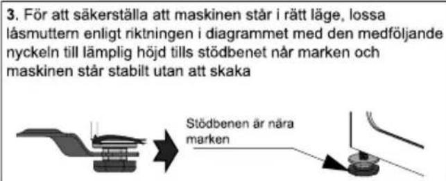 3. För att säkerställa att maskinen står i rätt läge, lossa låsmuttern enligt riktningen i diagrammet med den medföljande nyckeln till lämplig höjd tills stödbenet när marken och maskinen står stabilt utan att skaka Stödbenen är nära marken