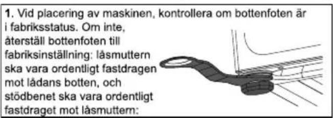 1. Vid placering av maskinen, kontrollera om bottenfoten är i fabriksstatus. Om inte, återställ bottenfoten till fabriksinställning: låsmuttern ska vara ordentligt fastdragen mot lådans botten, och stödbenet ska vara ordentligt fastdraget mot låsmuttern: