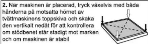 2. När maskinen är placerad, tryck växelvis med båda händerna på motsatta hörnet av tvättmaskinens toppskiva och skaka den vertikalt nedåt för att kontrollera om stödbenet står stadigt mot marken och om maskinen är stabil