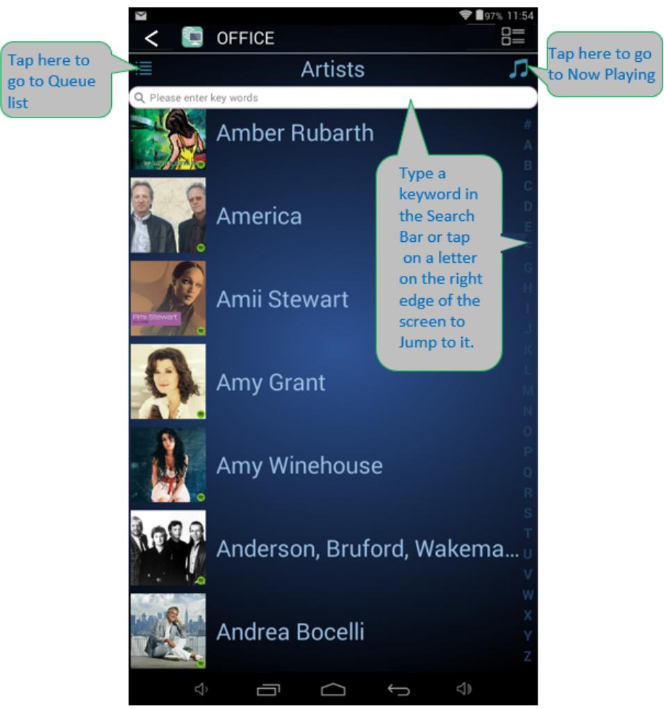 Cary Audio DMS-500 / DMS-550 / DMS-600 (guide rapide app) - Artist, Album, and Track Screen - 1
